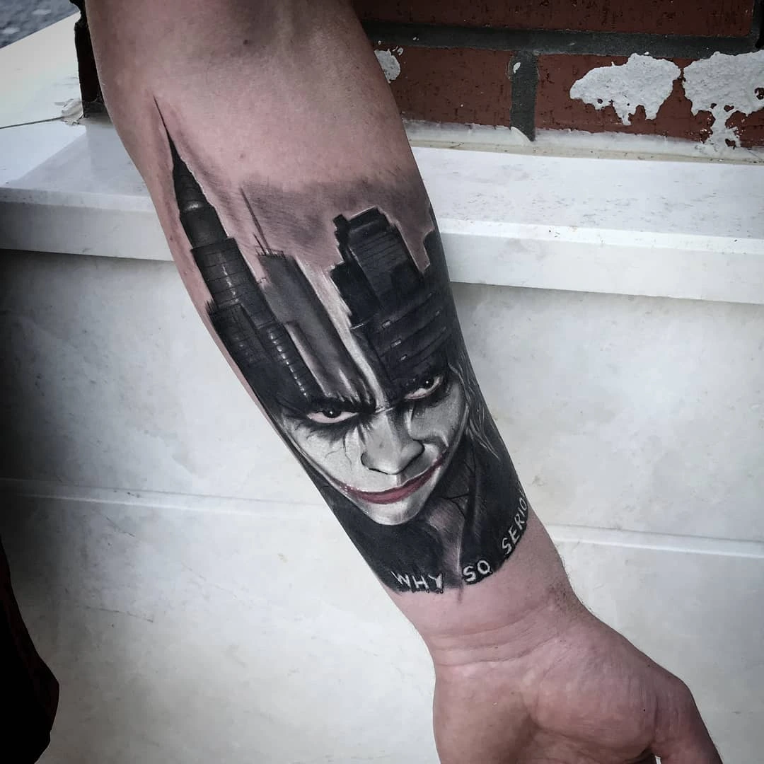 Joker portrait with Gotham skyline, 'Why So Serious'