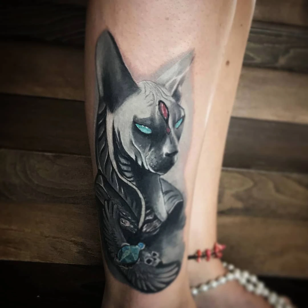 Egyptian Sphynx cat / Bastet with cyan-eye gem