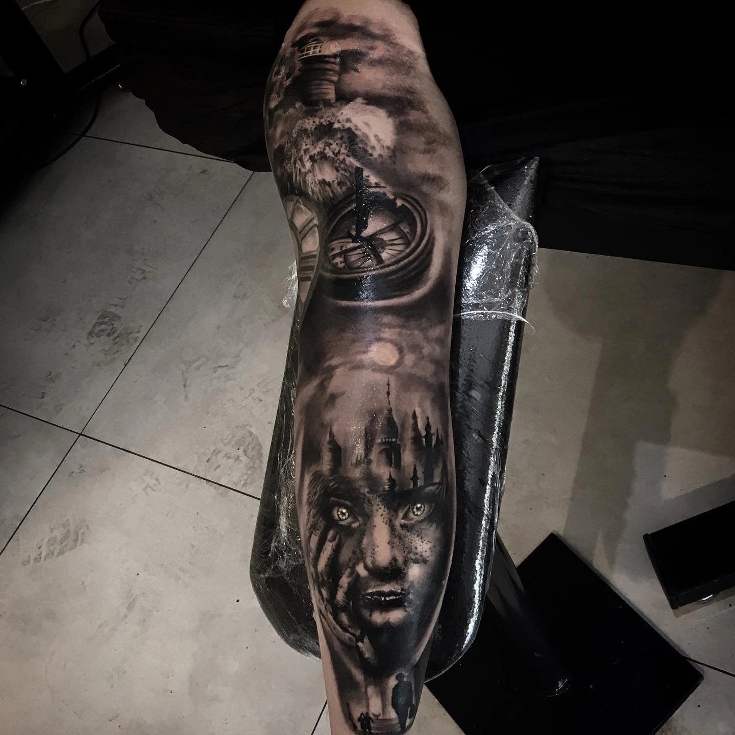 Witch face with castle, pocket watch, lighthouse narrative
