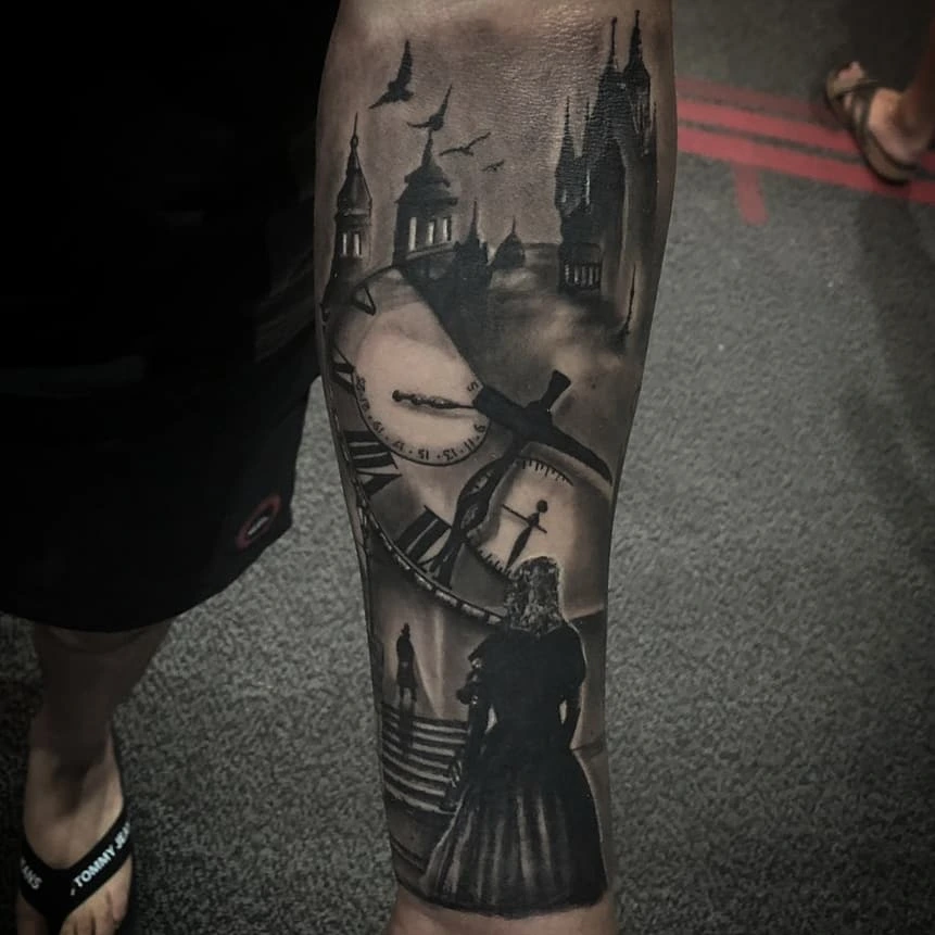 Gothic castle with melted clock and figure narrative