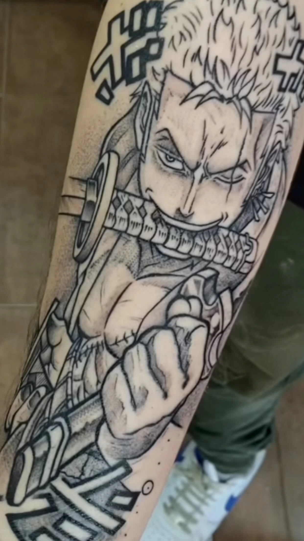 One Piece Zoro with three swords, manga sketch-style with dotwork shading