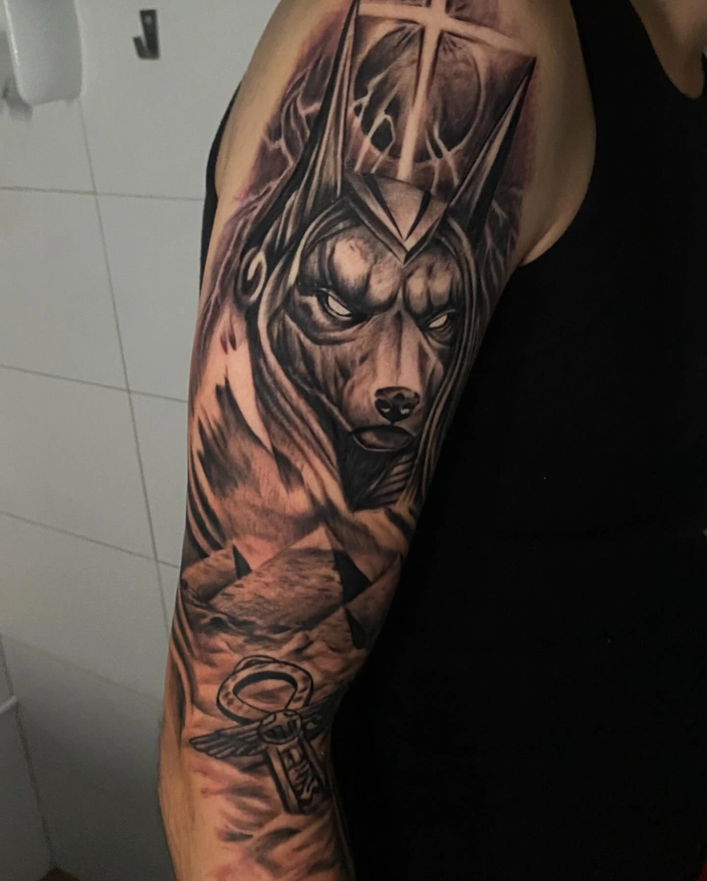 Anubis with cross halo, pyramids and ankh — same sleeve, tighter framing