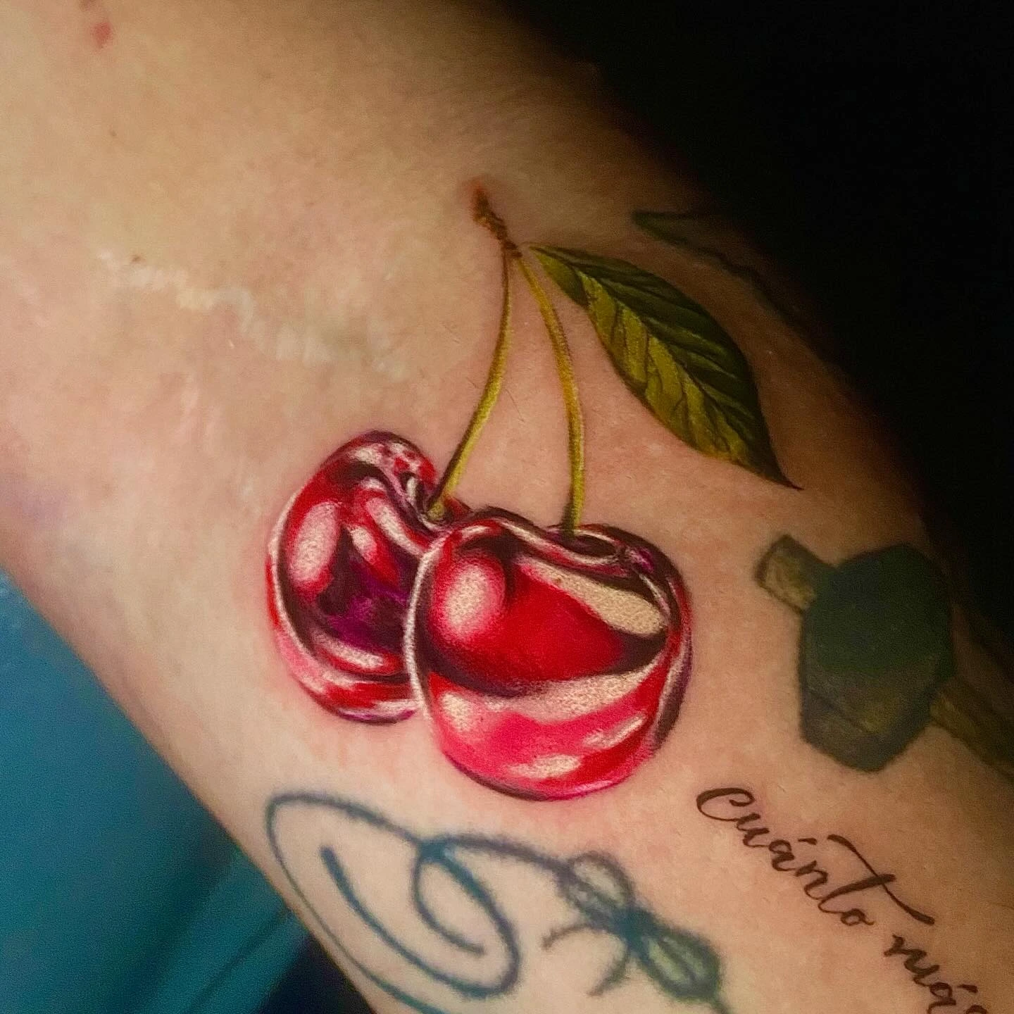 Two photoreal red cherries on stem with green leaves