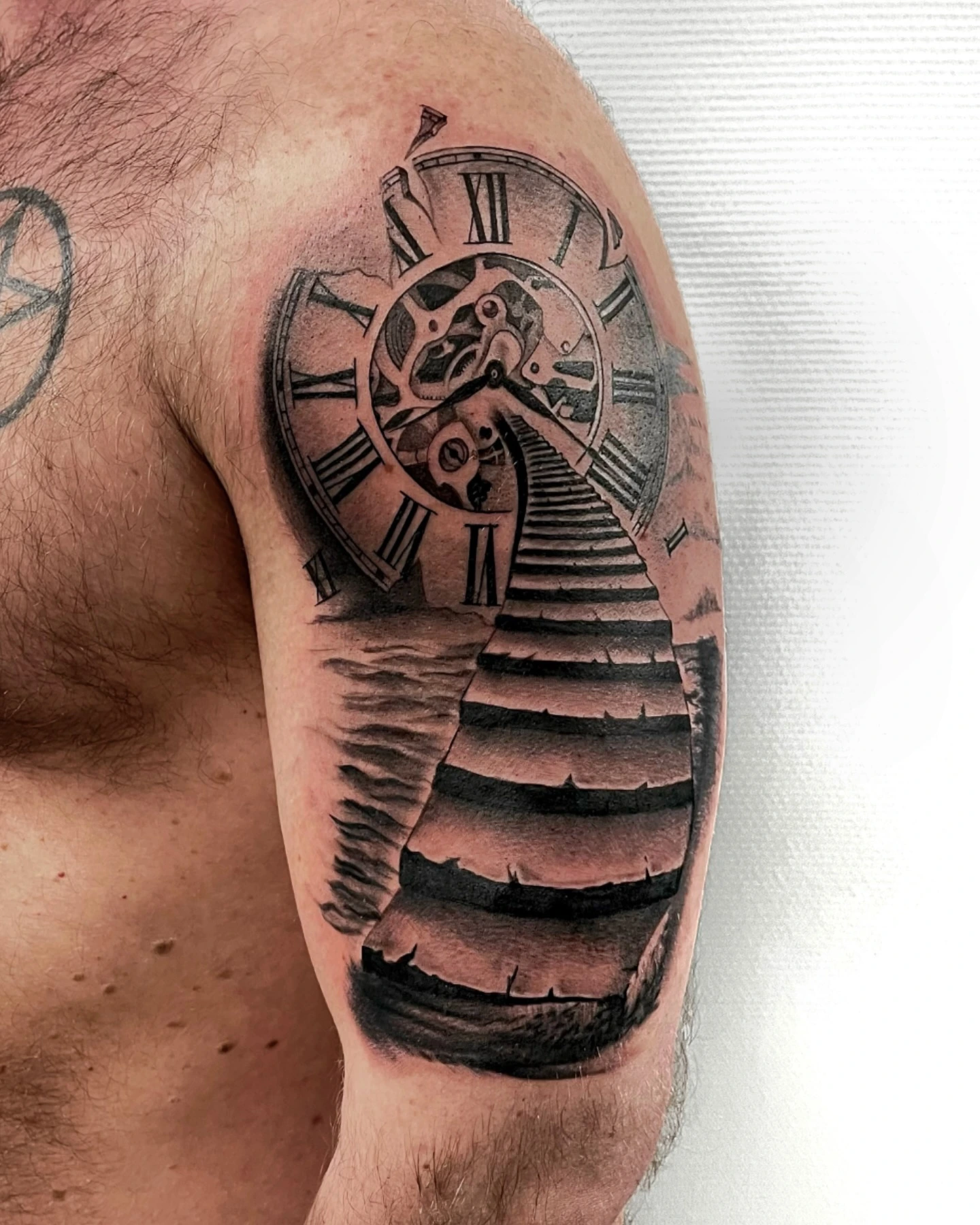 Realism clock with stairs leading up into clouds