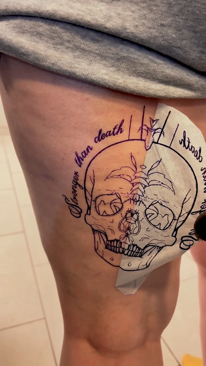 Stencil application of Stronger than death skull piece