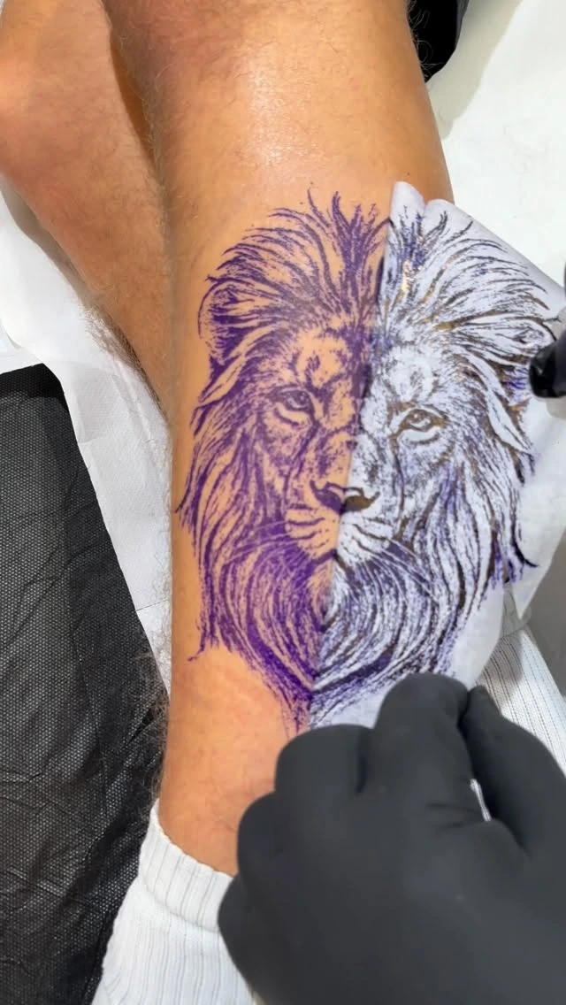 Stencil application of lion portrait