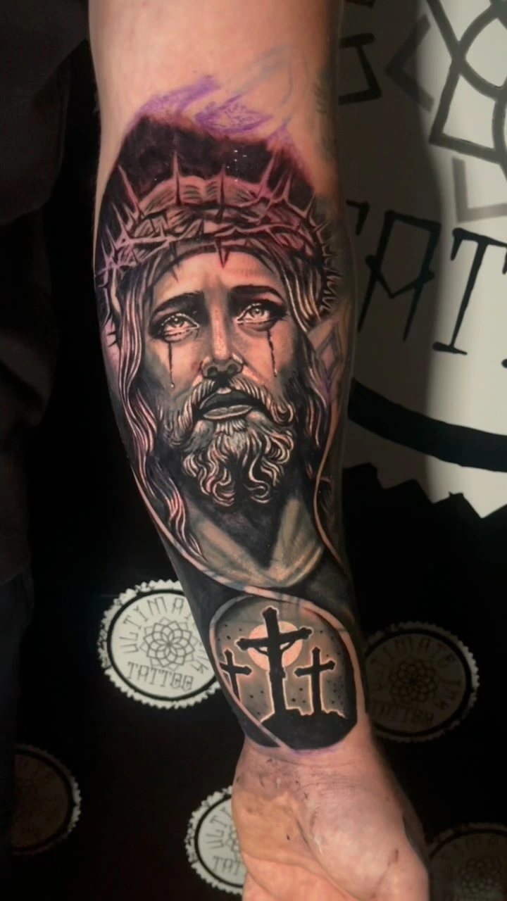 Crowned Christ with crown of thorns crying tears of blood, three crosses below