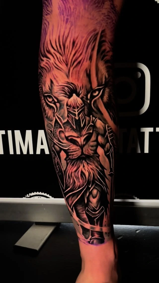 Lion head with armored Spartan warrior fused into mane