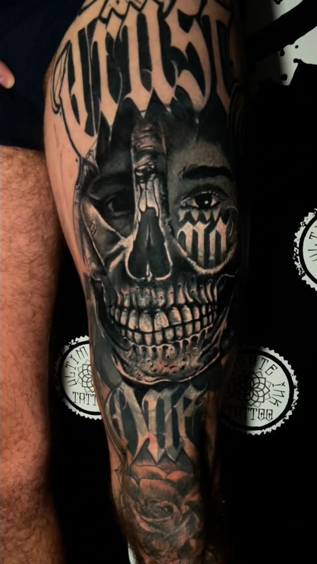 Christus / Day of the Dead skull-portrait split with Old English 'Christ' lettering above