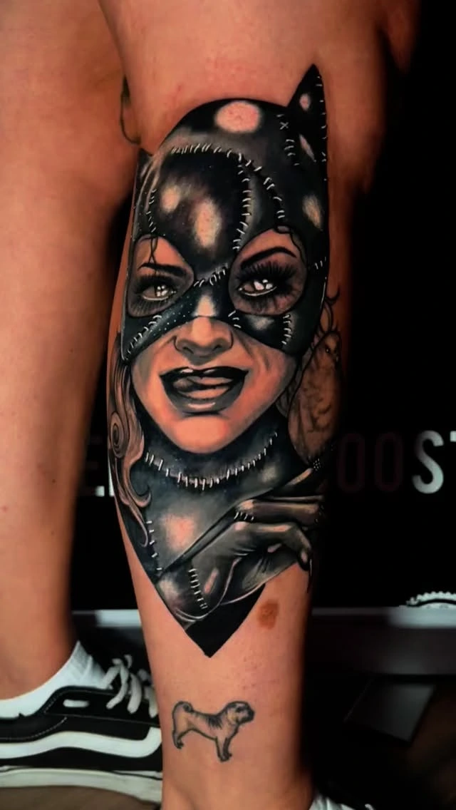 Catwoman portrait with stitched mask, neo-trad colour realism