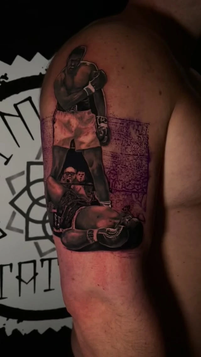 Muhammad Ali standing over fallen opponent, boxing scene
