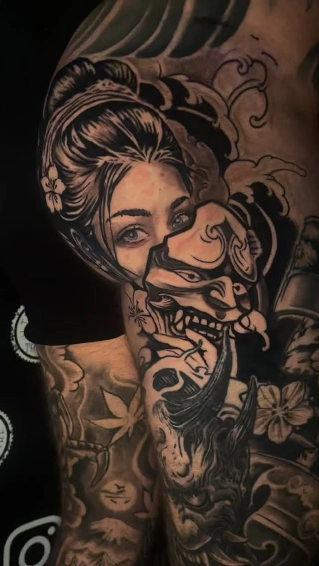 Geisha holding hannya mask with maple leaves and Japanese clouds