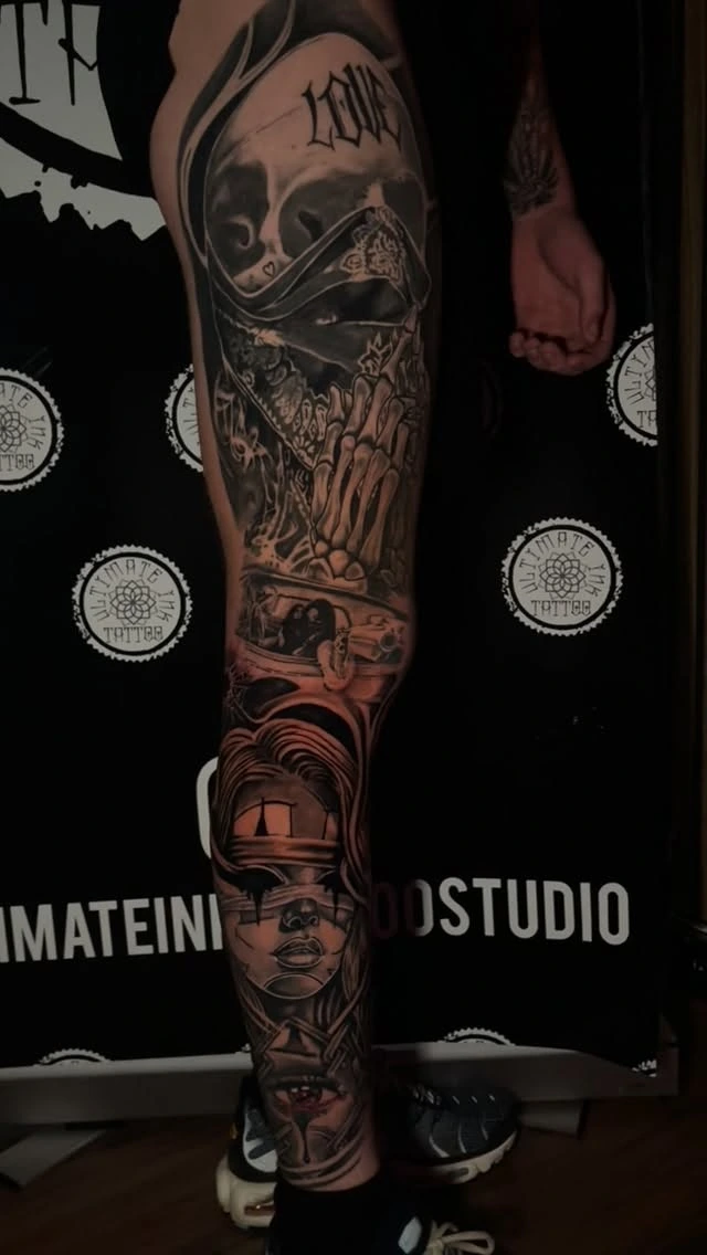 Chicano scene full leg sleeve — 'LOVE' bandana payasa, lowrider, Statue of Liberty composition
