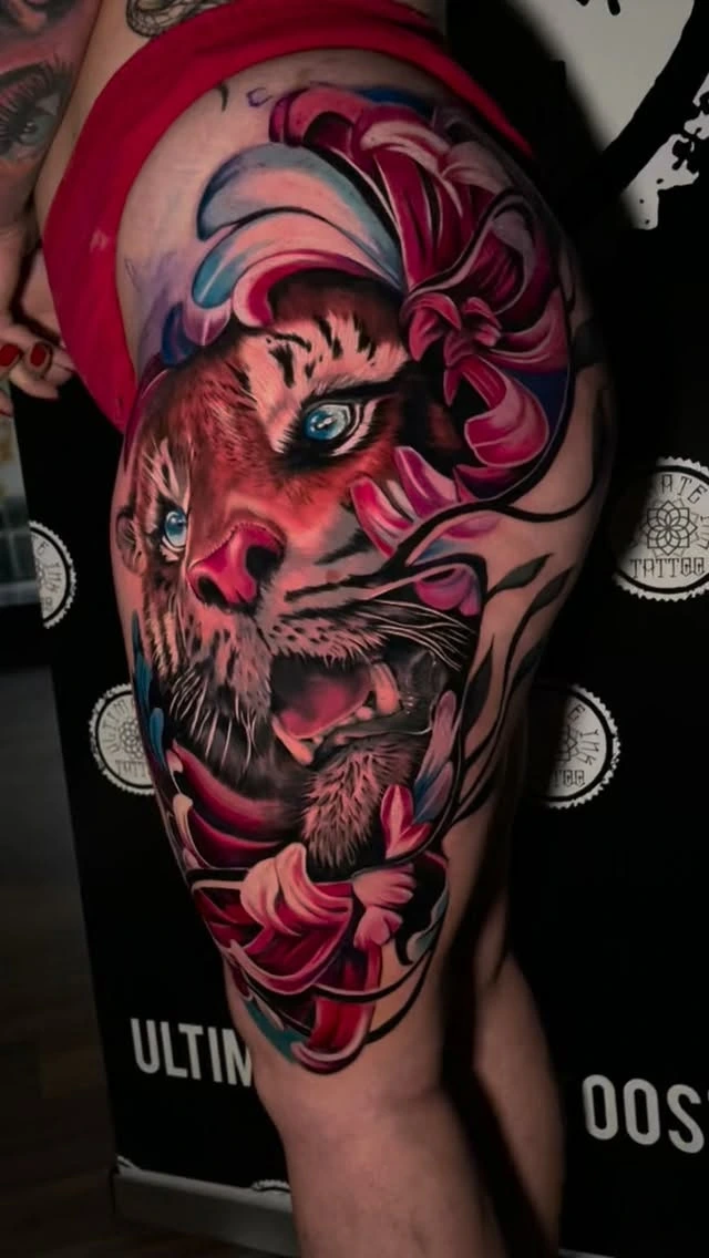Color tigress with magenta lilies and teal accents
