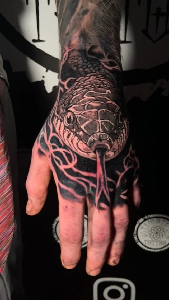 Photoreal snake head on hand with tribal/celtic blackwork wrist filler