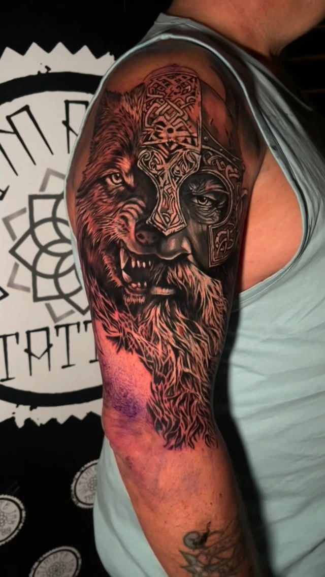 Viking warrior with wolf-pelt helmet and Celtic-knotwork shield, beard fades to knotwork