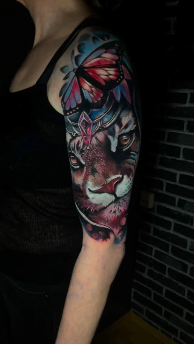 Color tigress with butterfly headdress, cover-up