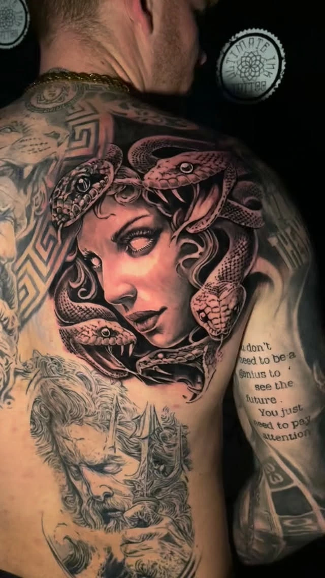 Medusa with snake hair, full back piece + Viking Odin figure below in progress