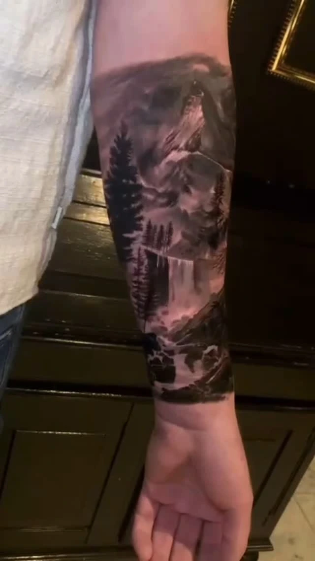 forest waterfall scenic forearm sleeve with pine trees and mountains