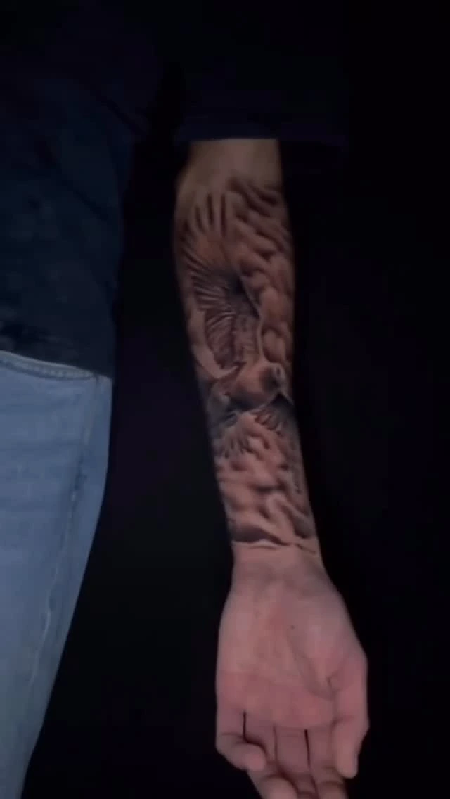 doves/birds soft-realism forearm sleeve, cloudy sky