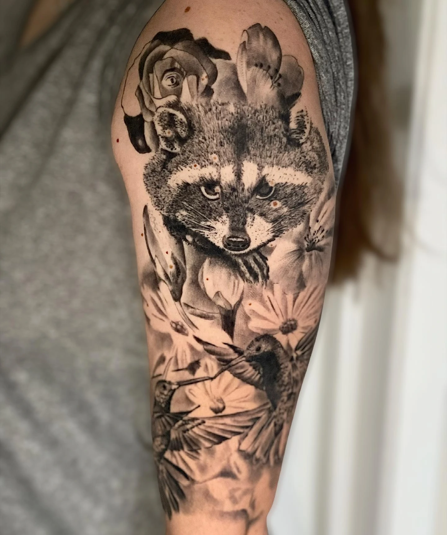 raccoon/small mammal with hummingbirds and flowers