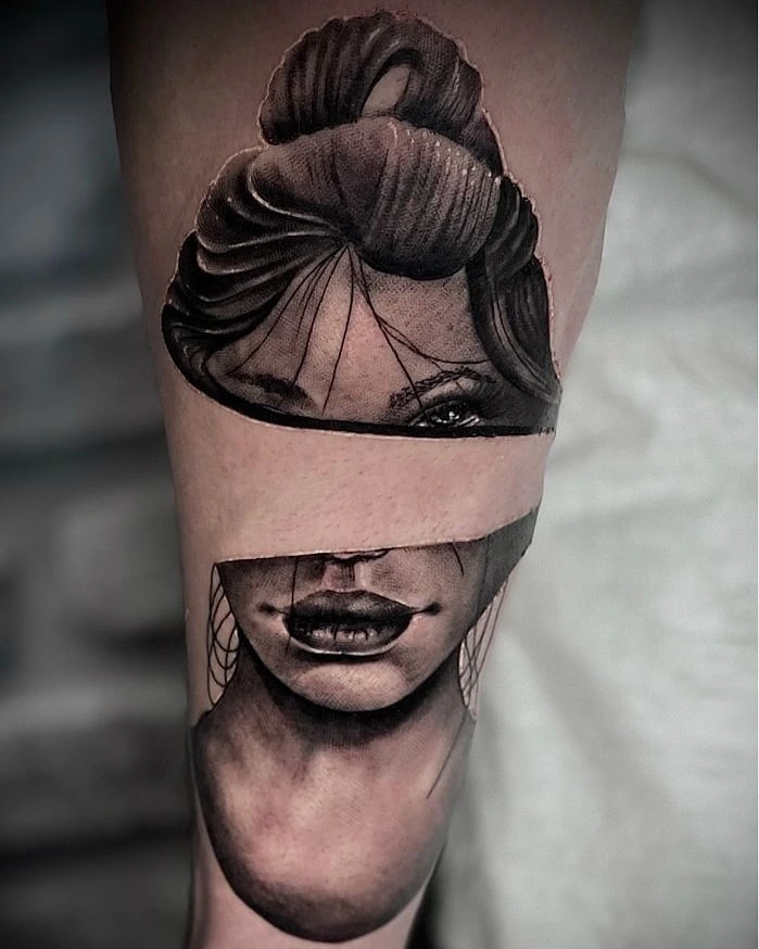 split-portrait (top half hair/eye, bottom half mouth) of woman in chola style