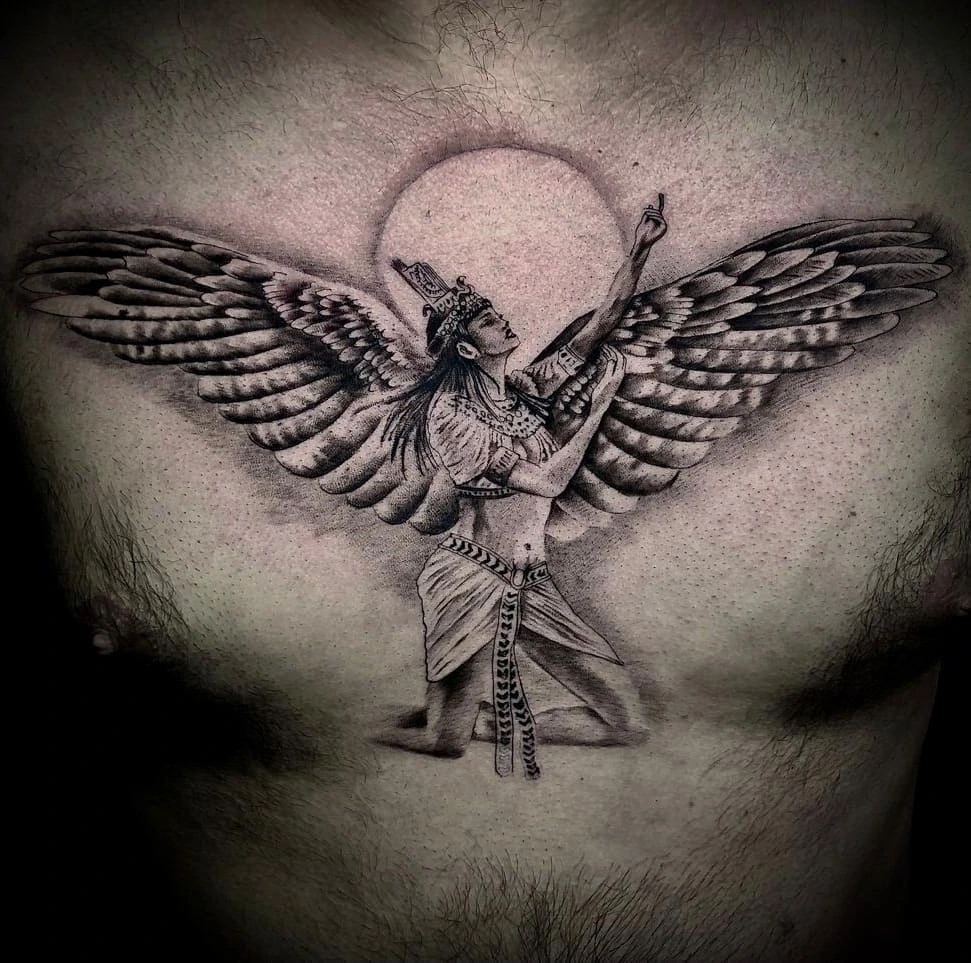 Egyptian winged goddess (Isis/Maat) on chest
