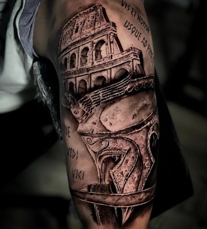 Roman Colosseum + Spartan helmet + gladiator with 'Vis et honor usque ad finem' / 'veni vidi vici' lettering