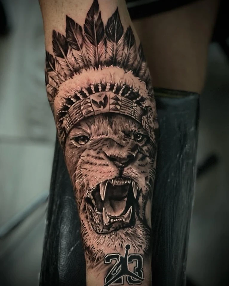 roaring lion in Native-American feathered headdress over Jordan logo