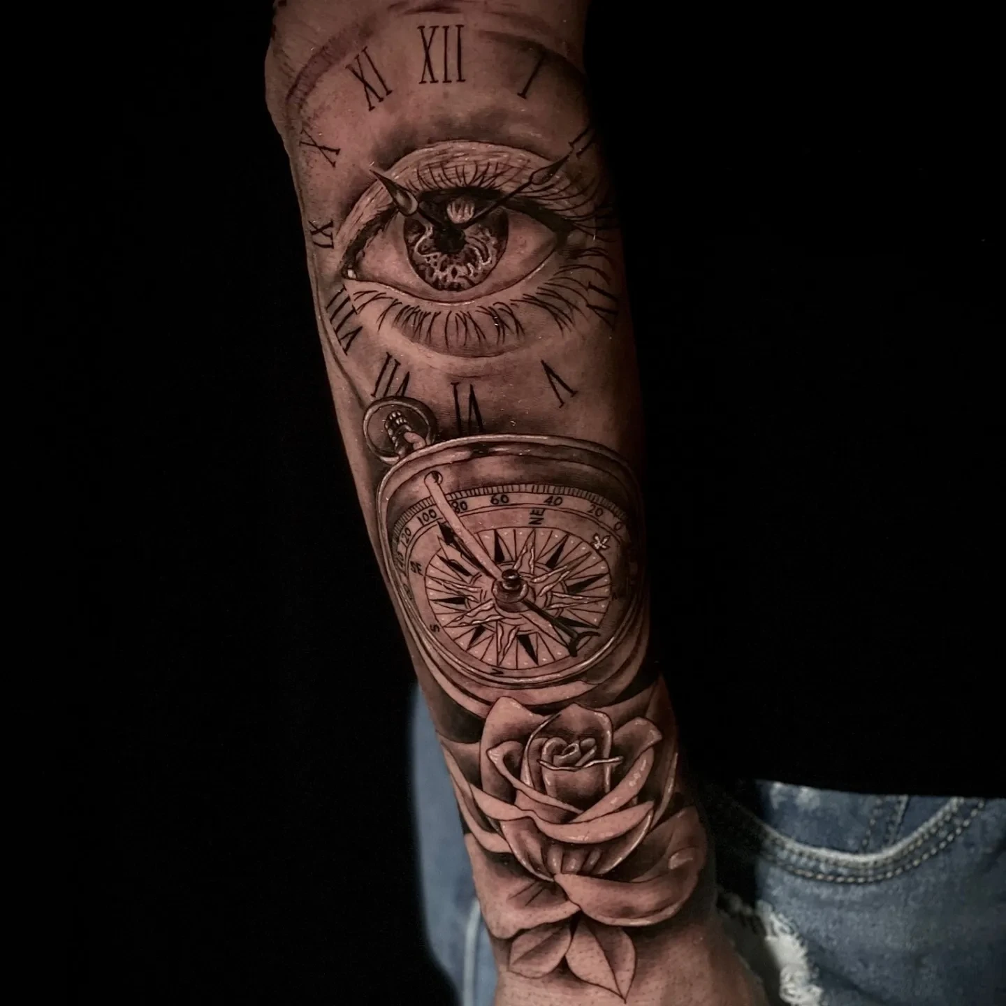 realistic eye with Roman numerals + compass + rose stack (Time)